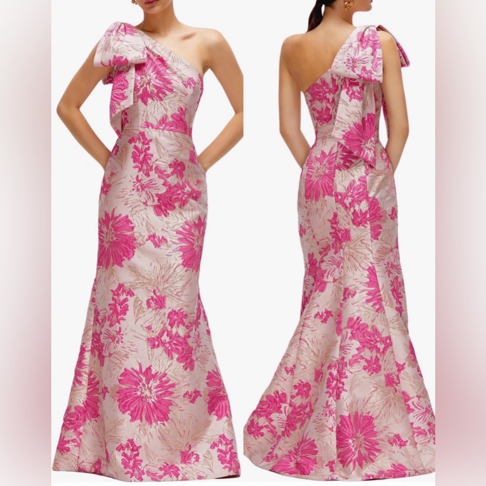 NEW ALFRED SUNG One-Shoulder Bow Pink Metallic Floral Jacquard Trumpet Gown 8